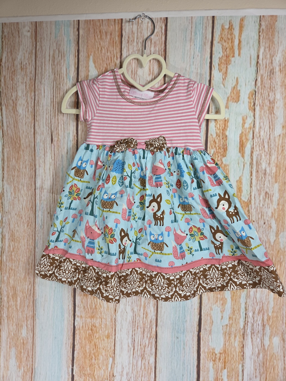 Bonnie Baby Pink & Blue Woodland Animal Dress W/bloomers. Fox, Deer. Size 18m